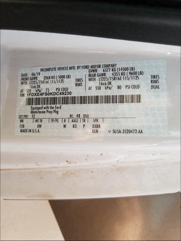 2020 FORD ECONO RV C 1FDXE4FS0KDC49230