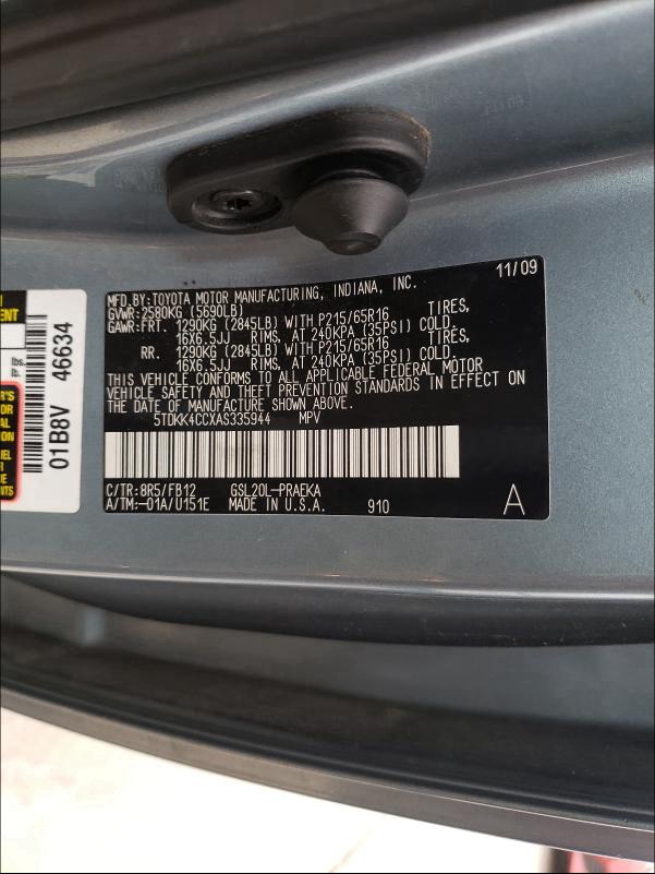 2010 TOYOTA SIENNA CE 5TDKK4CCXAS335944