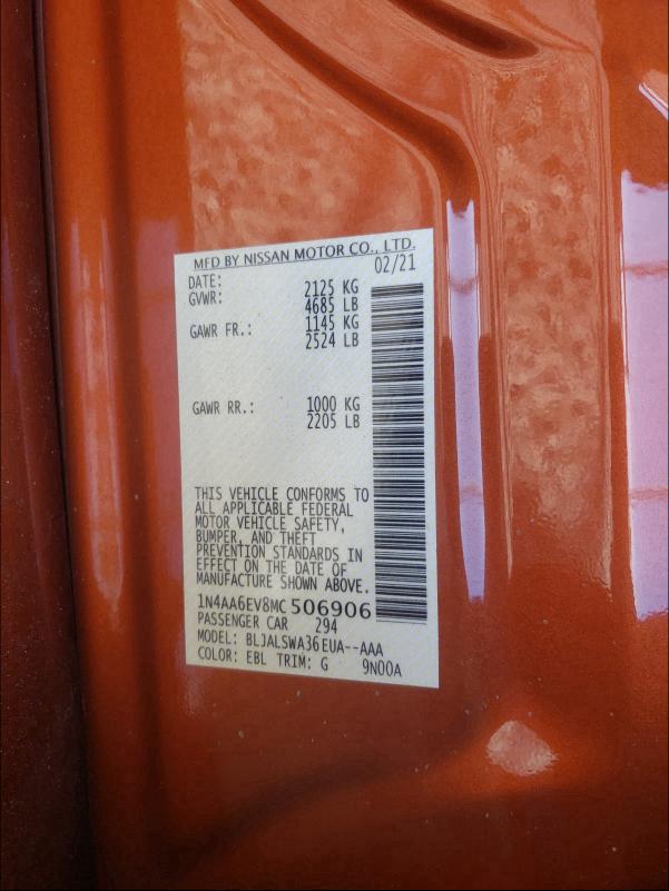 2021 NISSAN MAXIMA SR 1N4AA6EV8MC506906