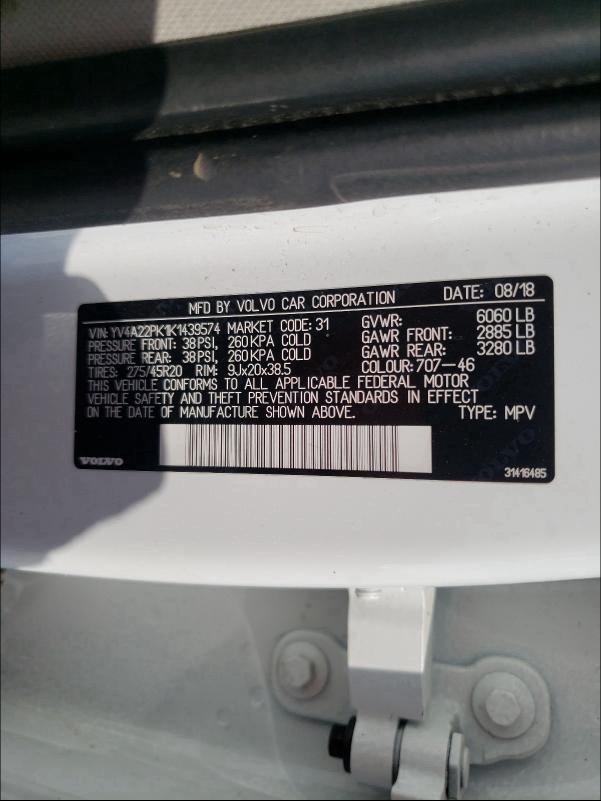 2019 VOLVO XC90 T6 MO YV4A22PK1K1439574