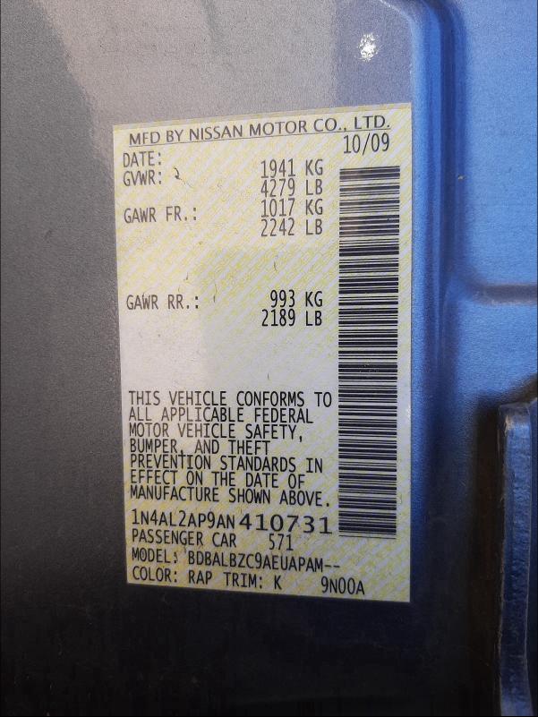 2010 NISSAN ALTIMA BAS 1N4AL2AP9AN410731