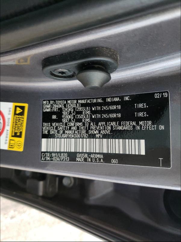 2019 TOYOTA HIGHLANDER 5TDJGRFH5KS061782