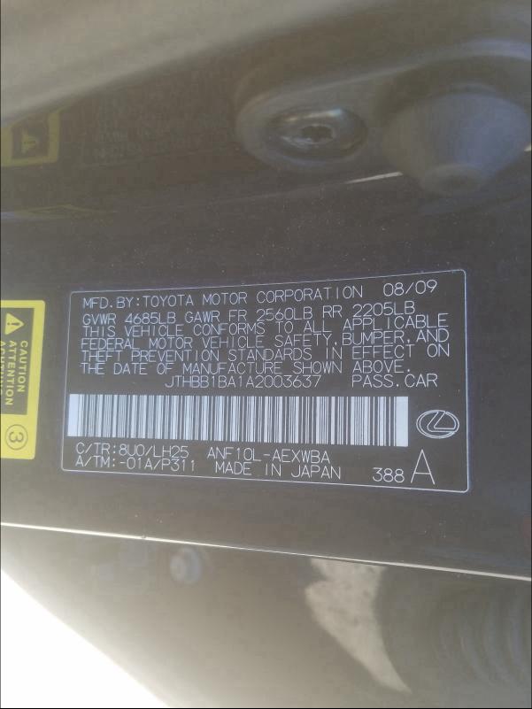 2010 LEXUS HS 250H JTHBB1BA1A2003637