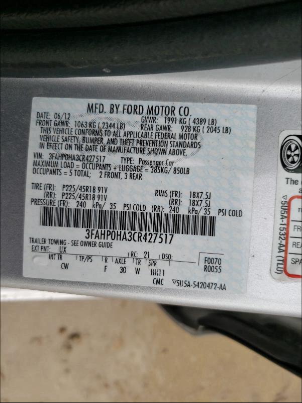 2012 FORD FUSION SE 3FAHP0HA3CR427517