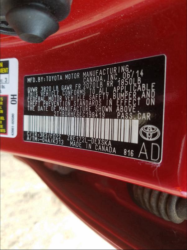2014 TOYOTA COROLLA L 2T1BURHE6EC198419
