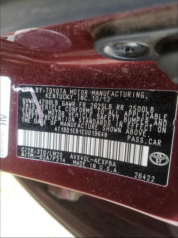 2014 TOYOTA AVALON HYB 4T1BD1EB1EU019648