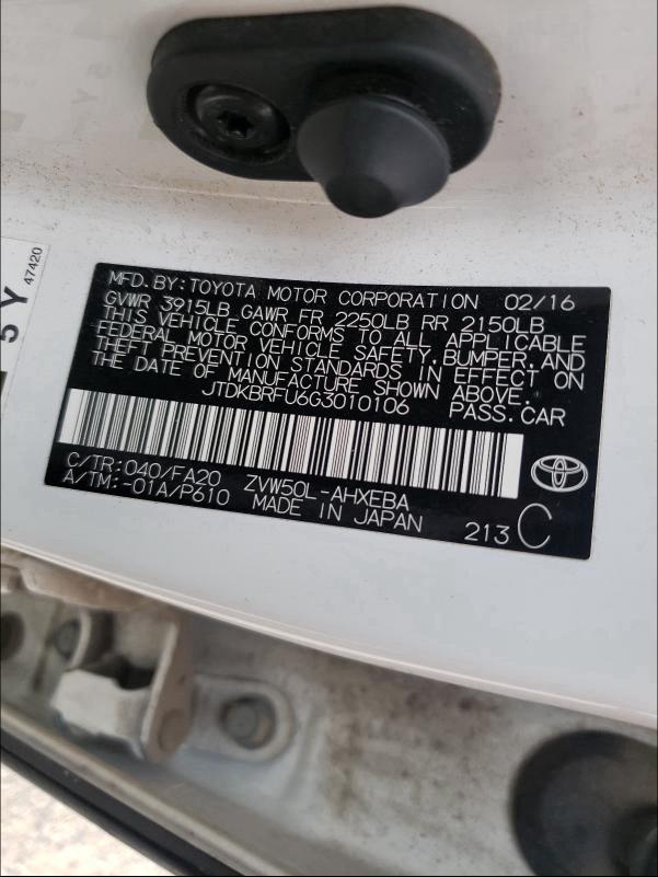 2016 TOYOTA PRIUS JTDKBRFU6G3010106