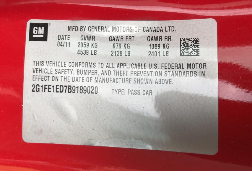 2011 CHEVROLET CAMARO LS 2G1FE1ED7B9189020
