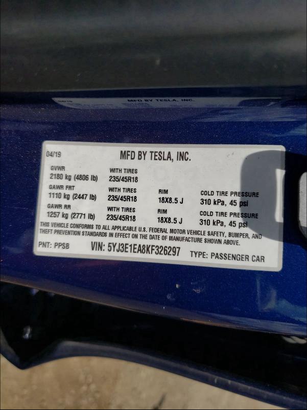 2019 TESLA MODEL 3 5YJ3E1EA8KF326297