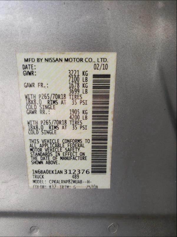 2010 NISSAN TITAN XE 1N6BA0EK1AN312376