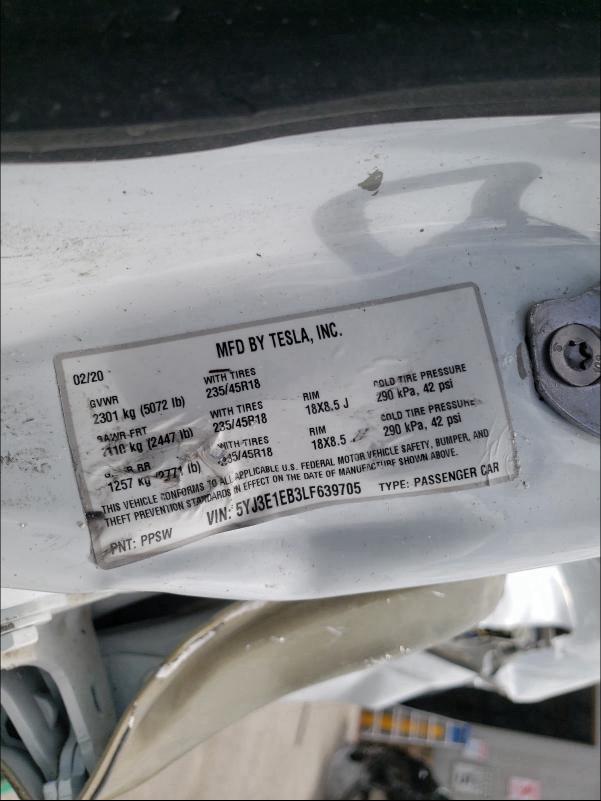 2020 TESLA MODEL 3 5YJ3E1EB3LF639705
