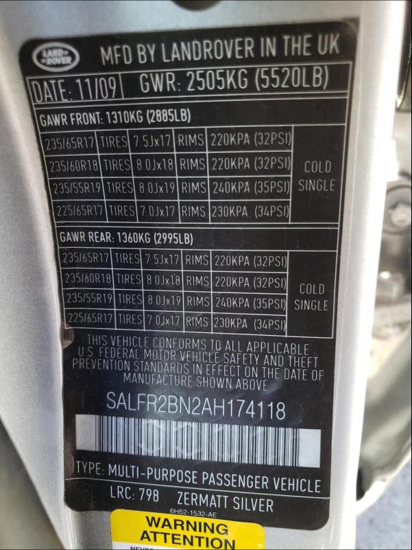 2010 LAND ROVER LR2 HSE SALFR2BN2AH174118