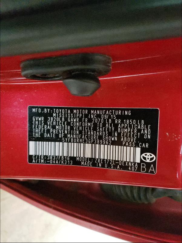 2016 TOYOTA COROLLA L 5YFBURHE3GP389962