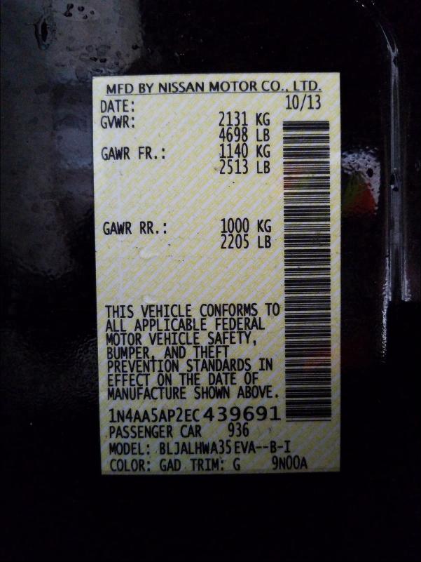 2014 NISSAN MAXIMA 1N4AA5AP2EC439691