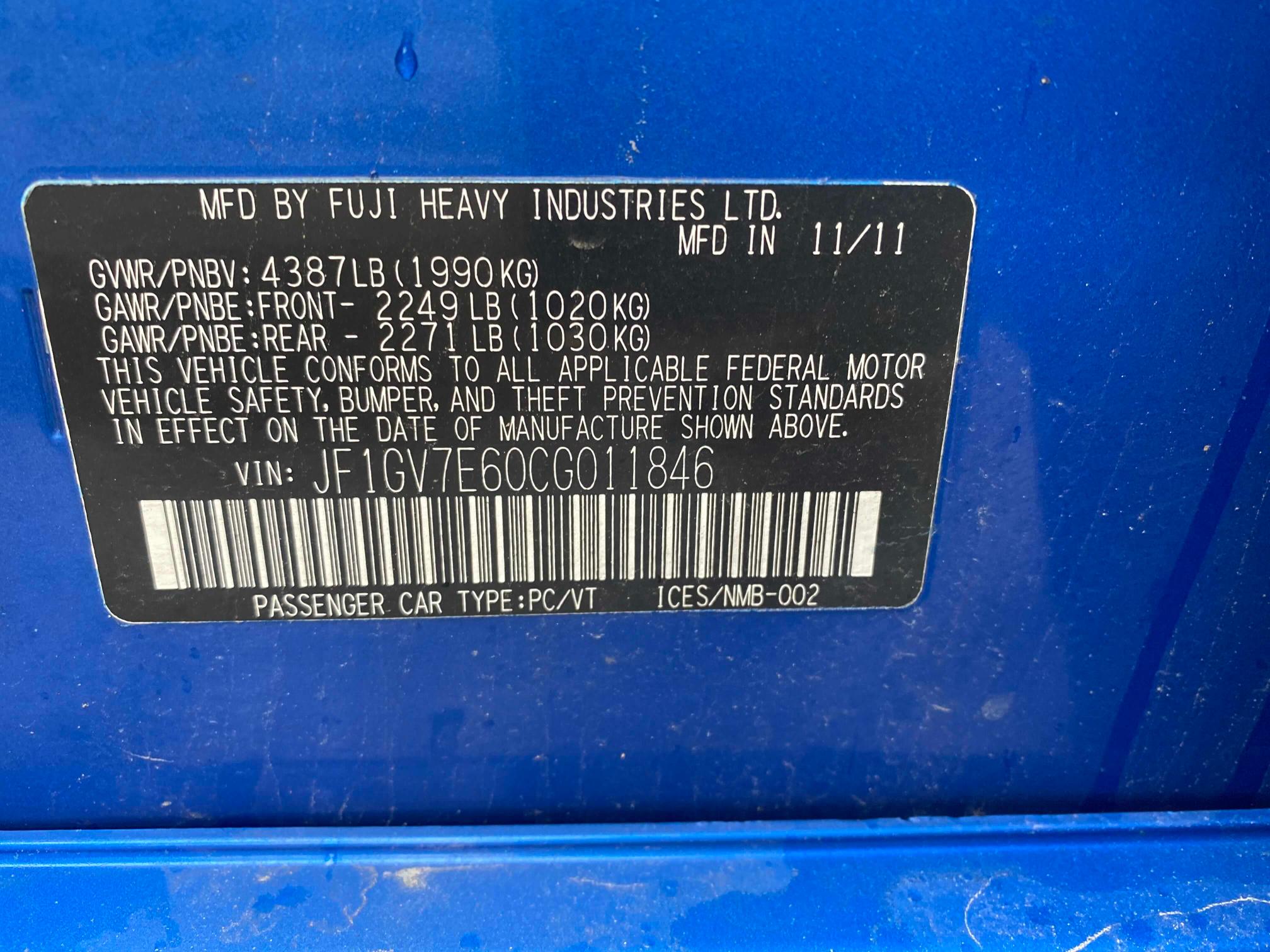 2012 SUBARU IMPREZA WR JF1GV7E60CG011846