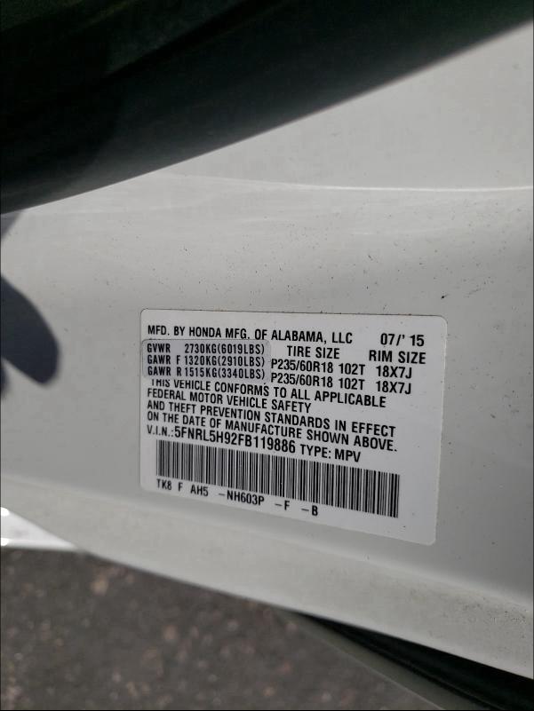 2015 HONDA ODYSSEY TO 5FNRL5H92FB119886