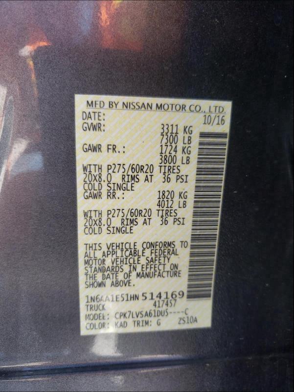 2017 NISSAN TITAN SV 1N6AA1E51HN514169