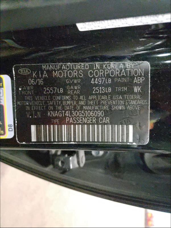 KNAGT4L30G5106090 Kia Optima Lx 2016. Фото: 9