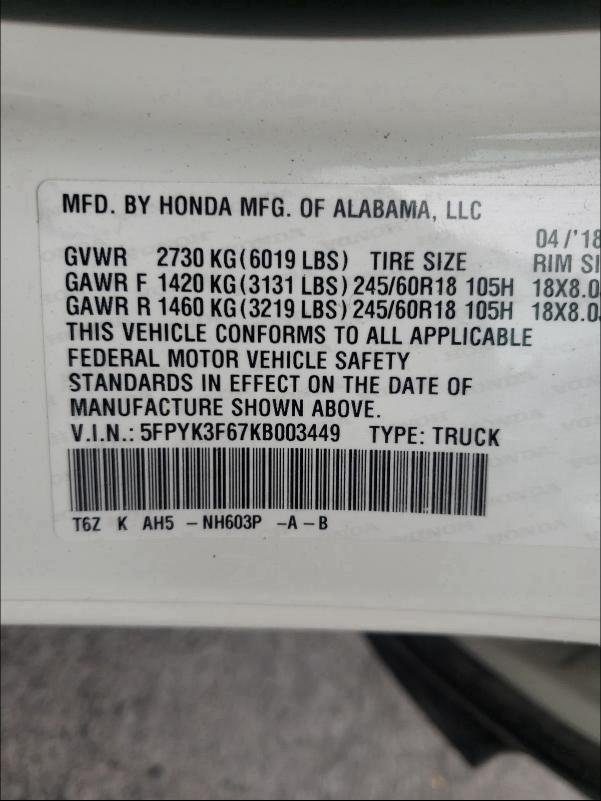 2019 HONDA RIDGELINE 5FPYK3F67KB003449