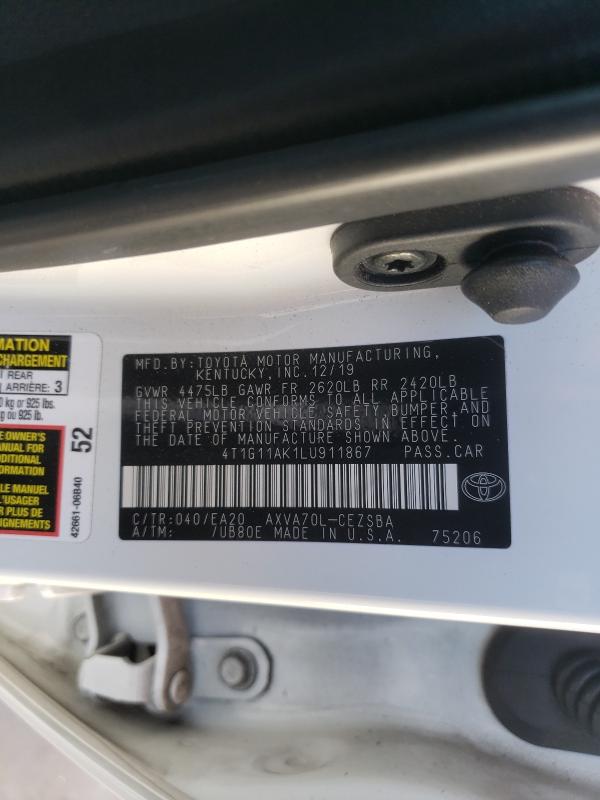 2020 TOYOTA CAMRY SE 4T1G11AK1LU911867