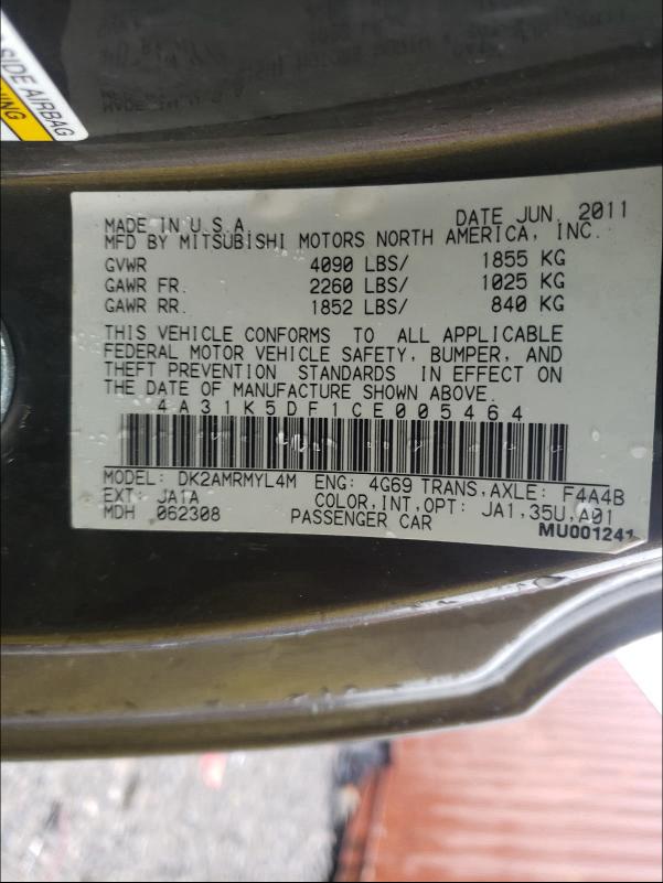 2012 MITSUBISHI ECLIPSE GS 4A31K5DF1CE005464
