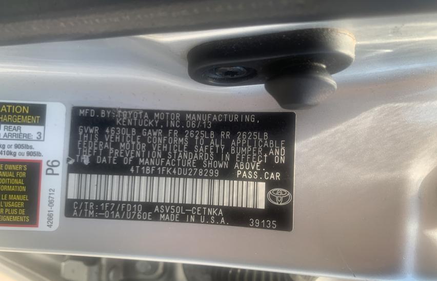 2013 TOYOTA CAMRY L 4T1BF1FK4DU278299