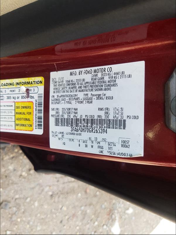 2016 FORD FUSION SE 3FA6P0H70GR265394