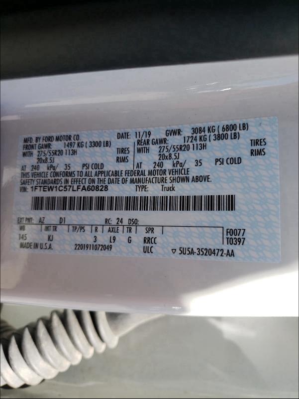 2020 FORD F150 SUPER 1FTEW1C57LFA60828