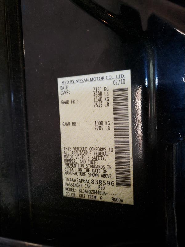 2010 NISSAN MAXIMA S 1N4AA5AP6AC838596