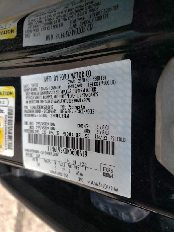 2019 LINCOLN CONTINENTA 1LN6L9SK0K5600619