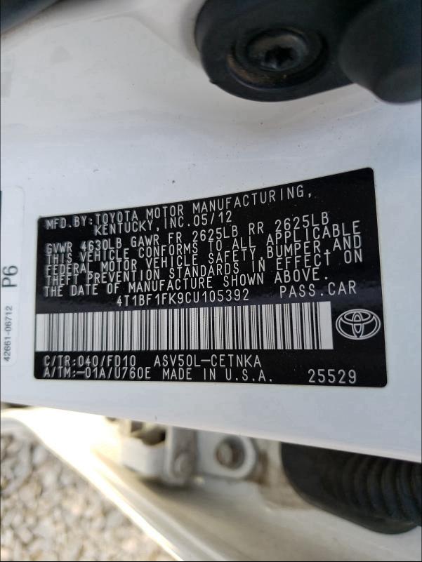 2012 TOYOTA CAMRY BASE 4T1BF1FK9CU105392