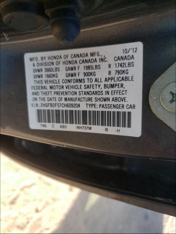 2012 HONDA CIVIC LX 2HGFB2F57CH609204