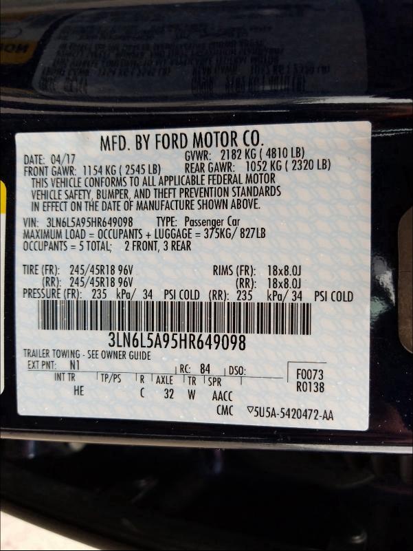2017 LINCOLN MKZ PREMIE 3LN6L5A95HR649098
