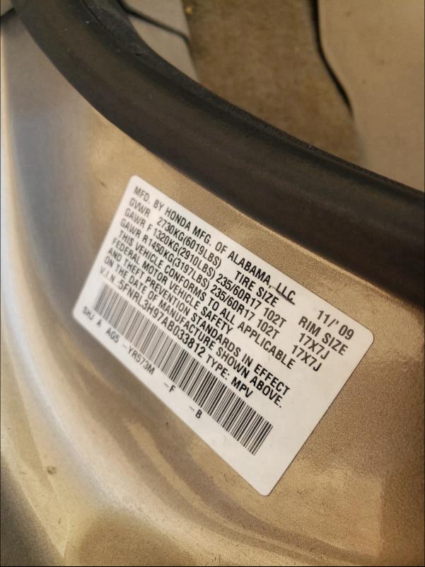 2010 HONDA ODYSSEY TO 5FNRL3H97AB033812