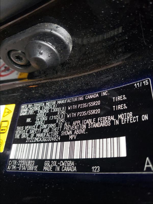 2016 LEXUS RX 350 2T2ZZMCA3GC004824