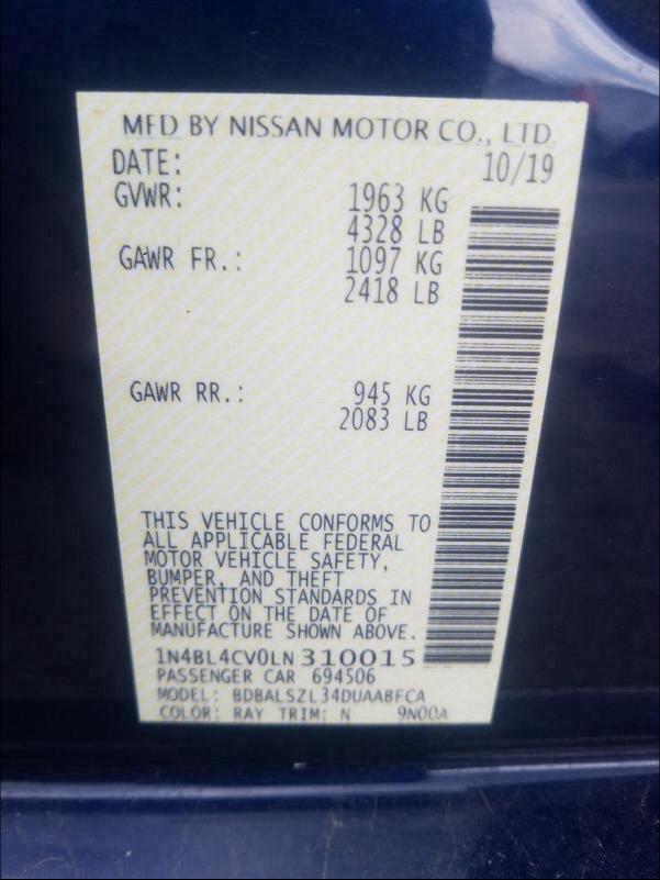 2020 NISSAN ALTIMA SR 1N4BL4CV0LN310015