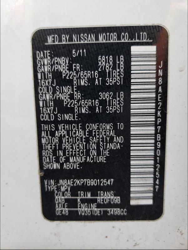 2011 NISSAN QUEST S JN8AE2KP7B9012547