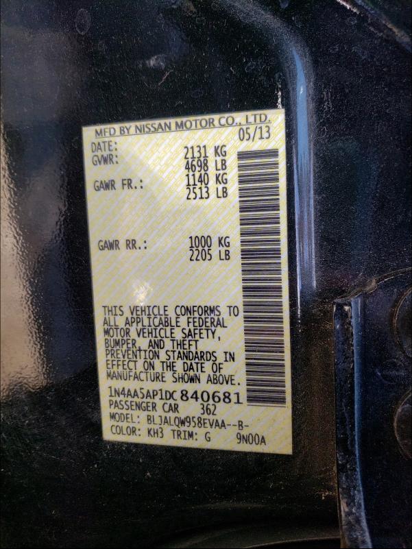 2013 NISSAN MAXIMA S 1N4AA5AP1DC840681