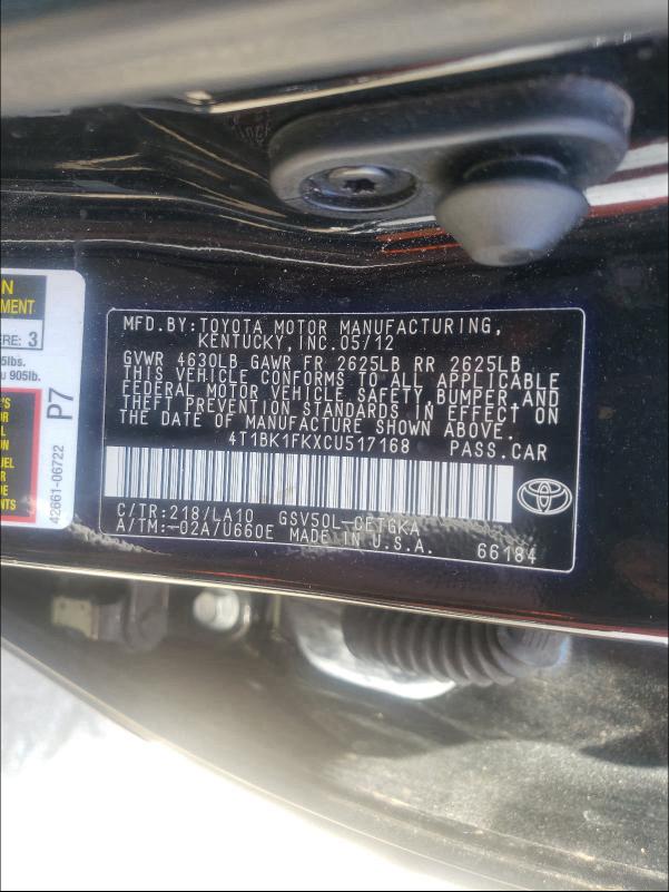2012 TOYOTA CAMRY SE 4T1BK1FKXCU517168