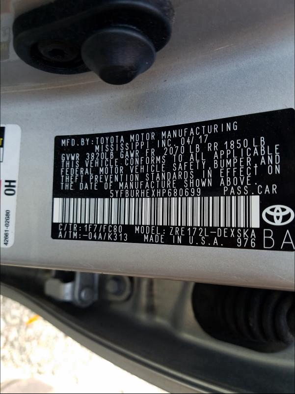2017 TOYOTA COROLLA L 5YFBURHEXHP680699