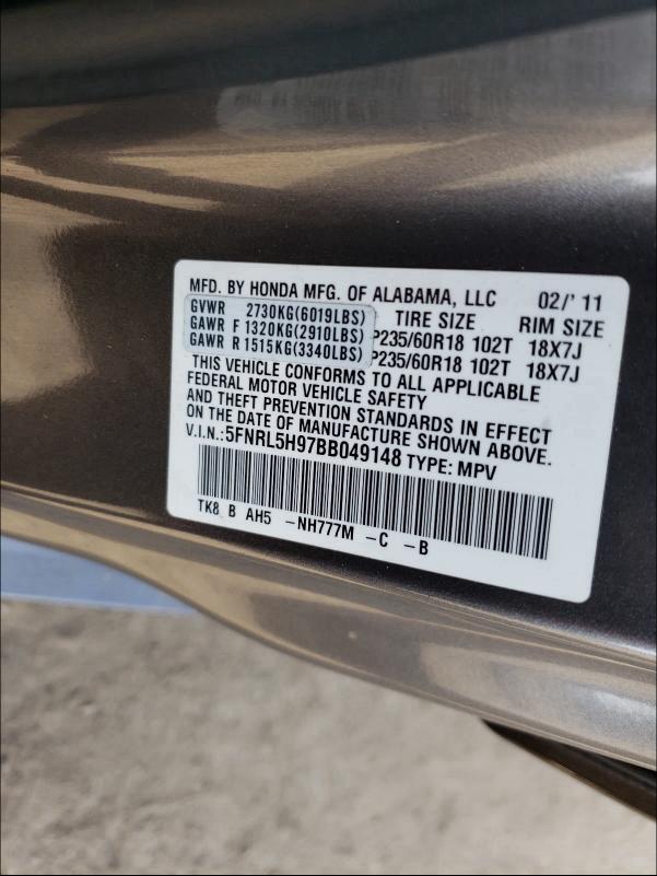 2011 HONDA ODYSSEY TO 5FNRL5H97BB049148