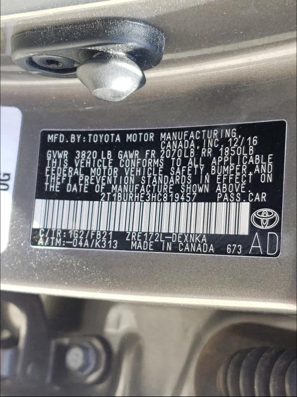 2017 TOYOTA COROLLA L 2T1BURHE3HC819457