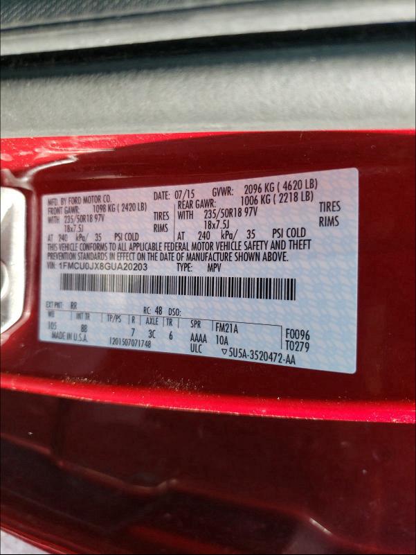 2016 FORD ESCAPE TIT 1FMCU0JX8GUA20203