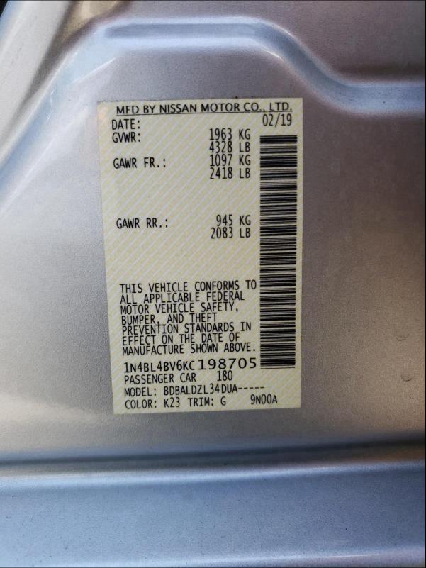 2019 NISSAN ALTIMA S 1N4BL4BV6KC198705