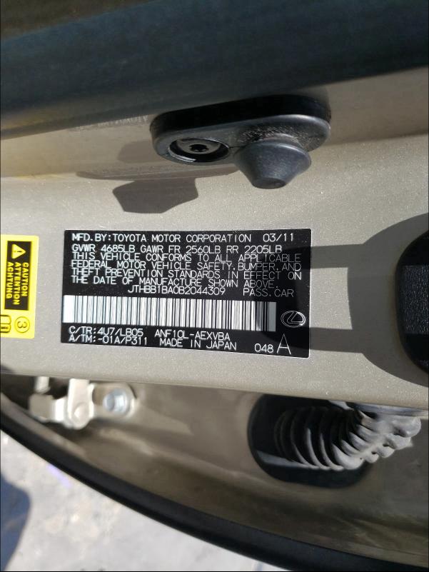 2011 LEXUS HS 250H JTHBB1BA0B2044309