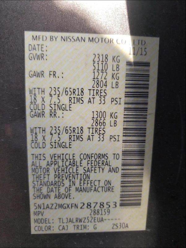 2015 NISSAN MURANO S 5N1AZ2MGXFN287853
