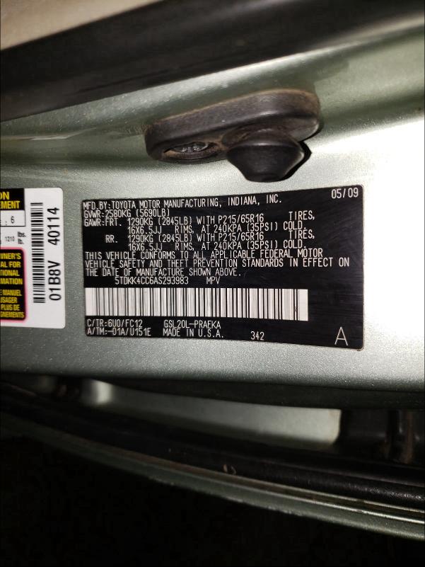 2010 TOYOTA SIENNA CE 5TDKK4CC6AS293983