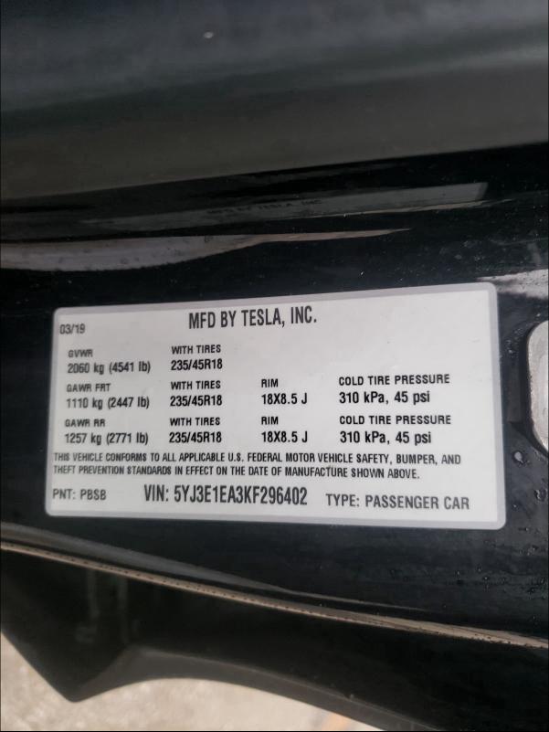 2019 TESLA MODEL 3 5YJ3E1EA3KF296402