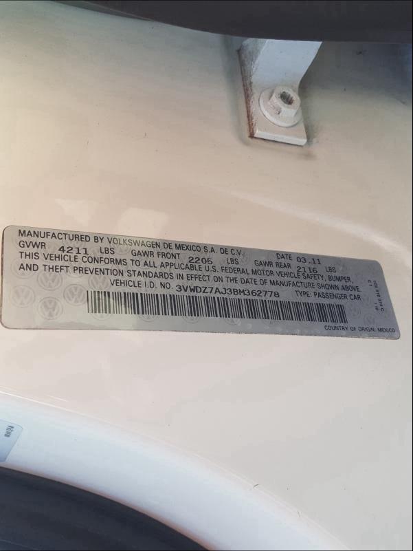 2011 VOLKSWAGEN JETTA SE 3VWDZ7AJ3BM362778