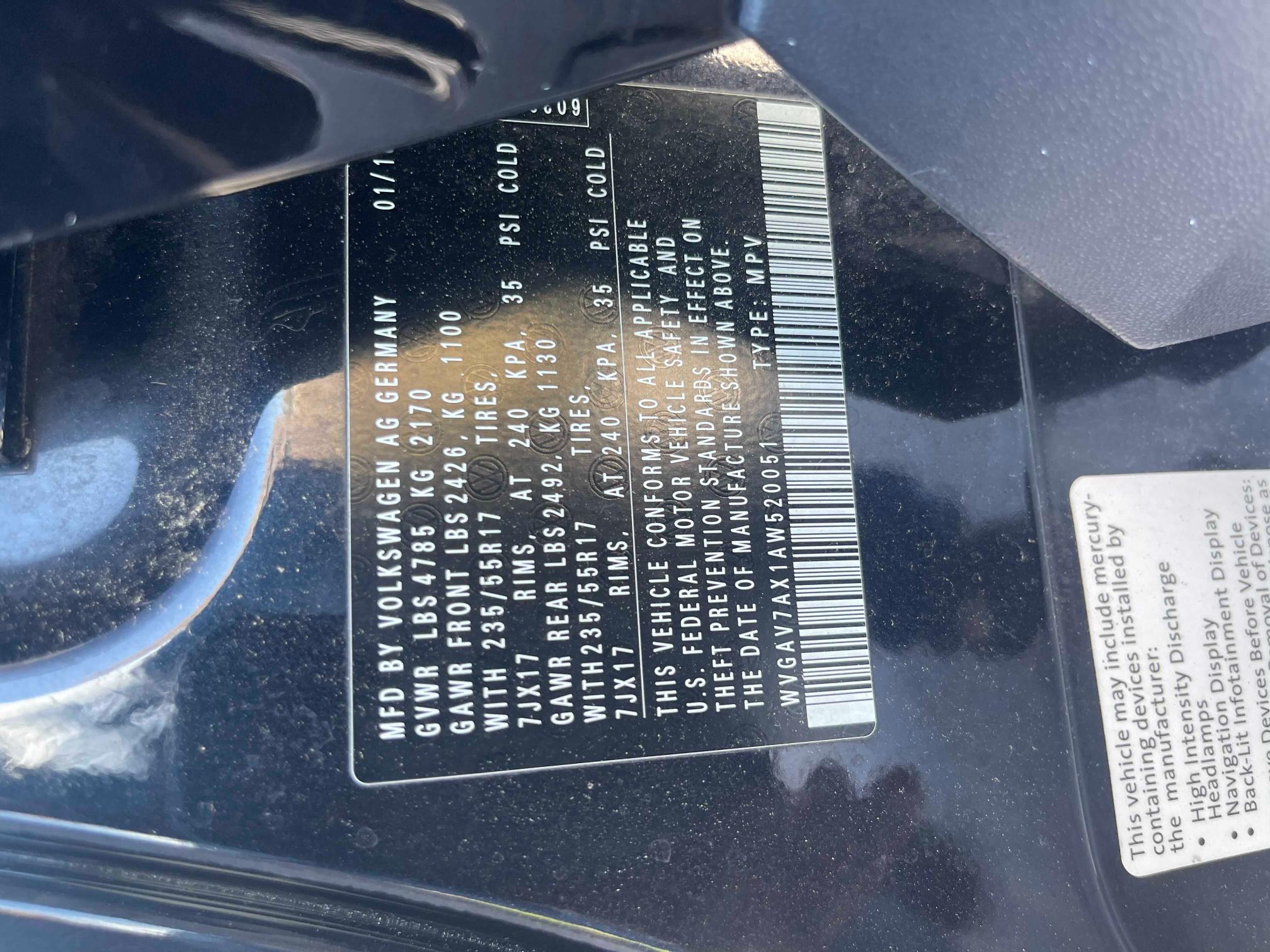 2010 VOLKSWAGEN TIGUAN S WVGAV7AX1AW520051